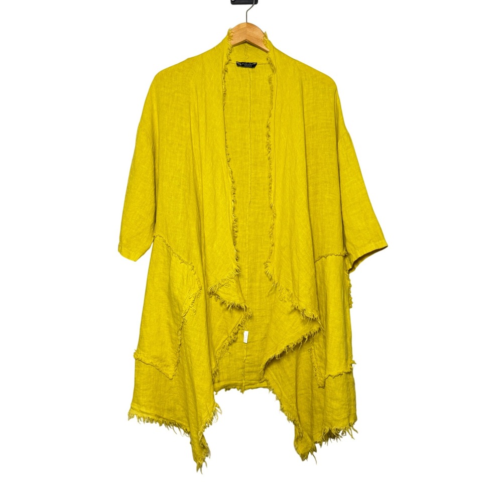 Bella Amore Italy 100% Linen L/XL Yellow Open Front Drape Cardigan Boho Frayed
